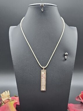 Hand Crafted | Silver Rectangular Glass |Pendant Necklace w/Subtle Script Accent